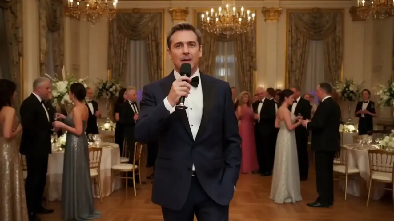 SkyReels V4 demo preview still: Elegant Event Hosting — Charismatic speaker at luxurious gala with live audience and warm lighting